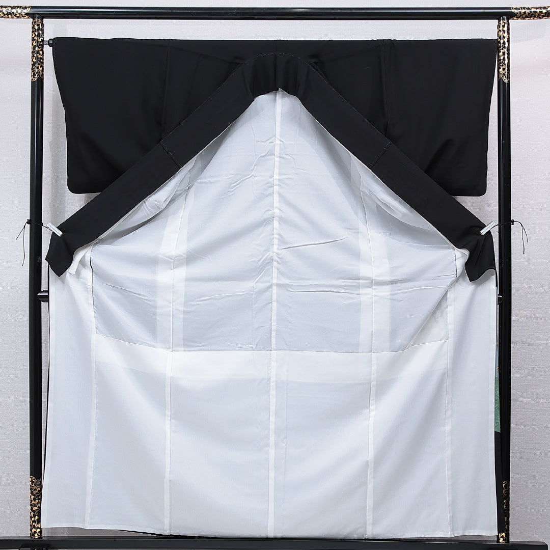 黒留袖 袷 身丈161cm 裄丈66cm 五つ紋 五三桐 フォーマル Sランク Lサイズ 正絹 比翼仕立て 広衿 花車 七宝 梅 1211-F0764