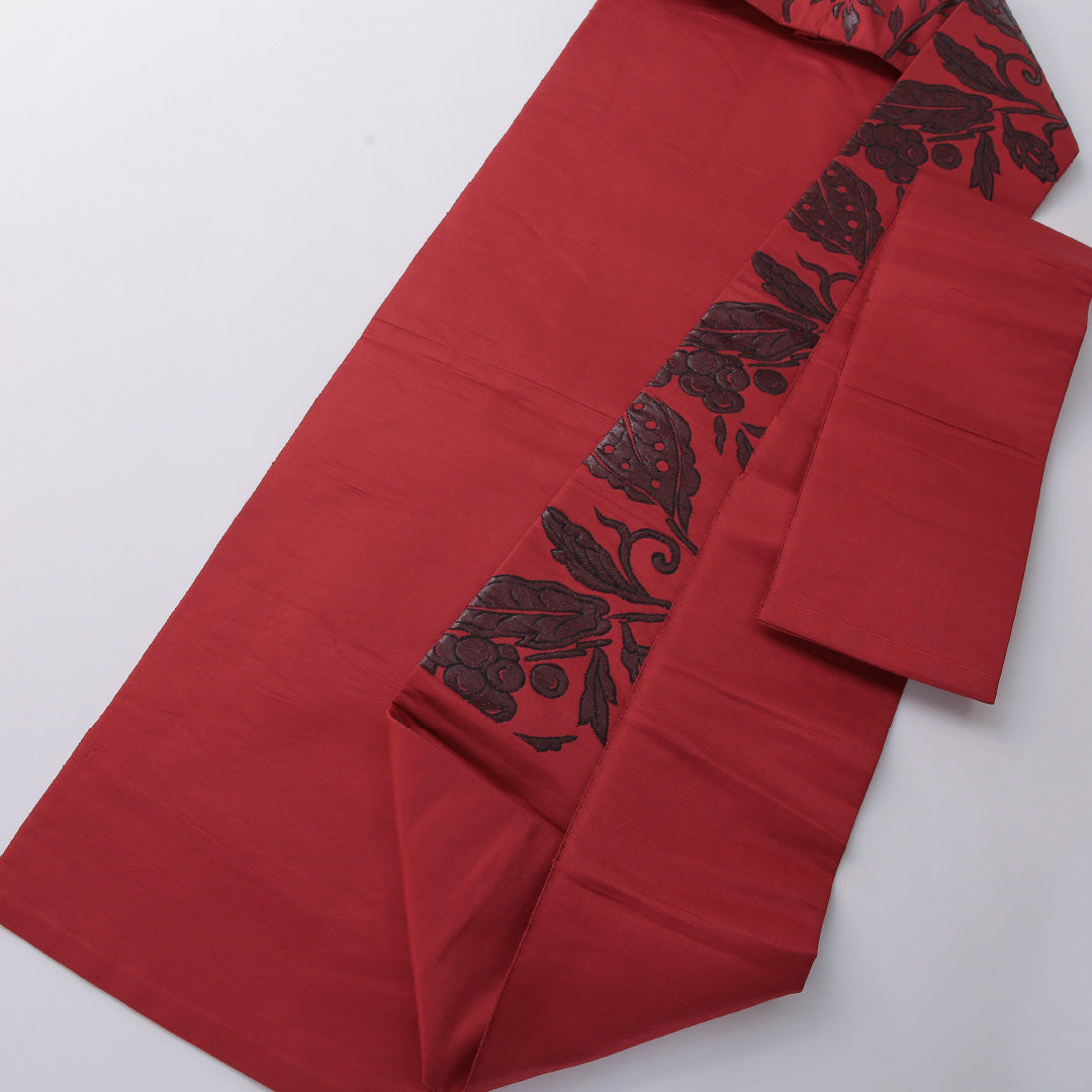 九寸名古屋帯 帯丈326cm カジュアル 名古屋仕立て 六通 Dランク 正絹 植物柄 赤系 1224-03287