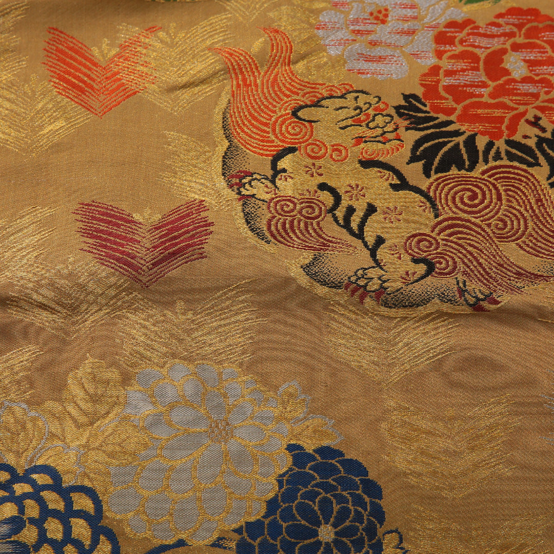 アンティーク 九寸名古屋帯 帯丈349cm セミフォーマル 名古屋仕立て 六通 Aランク 正絹 菊 黄系 1224-03624