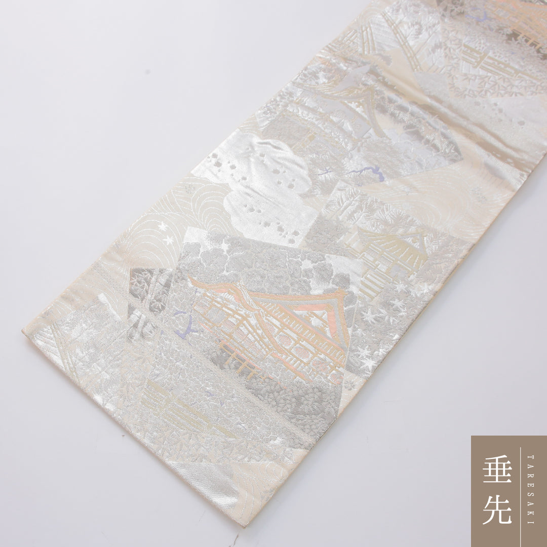 袋帯 帯丈432cm プラチナ箔二重織 フォーマル 六通 Aランク 正絹 寺社仏閣 銀系 1223-02316
