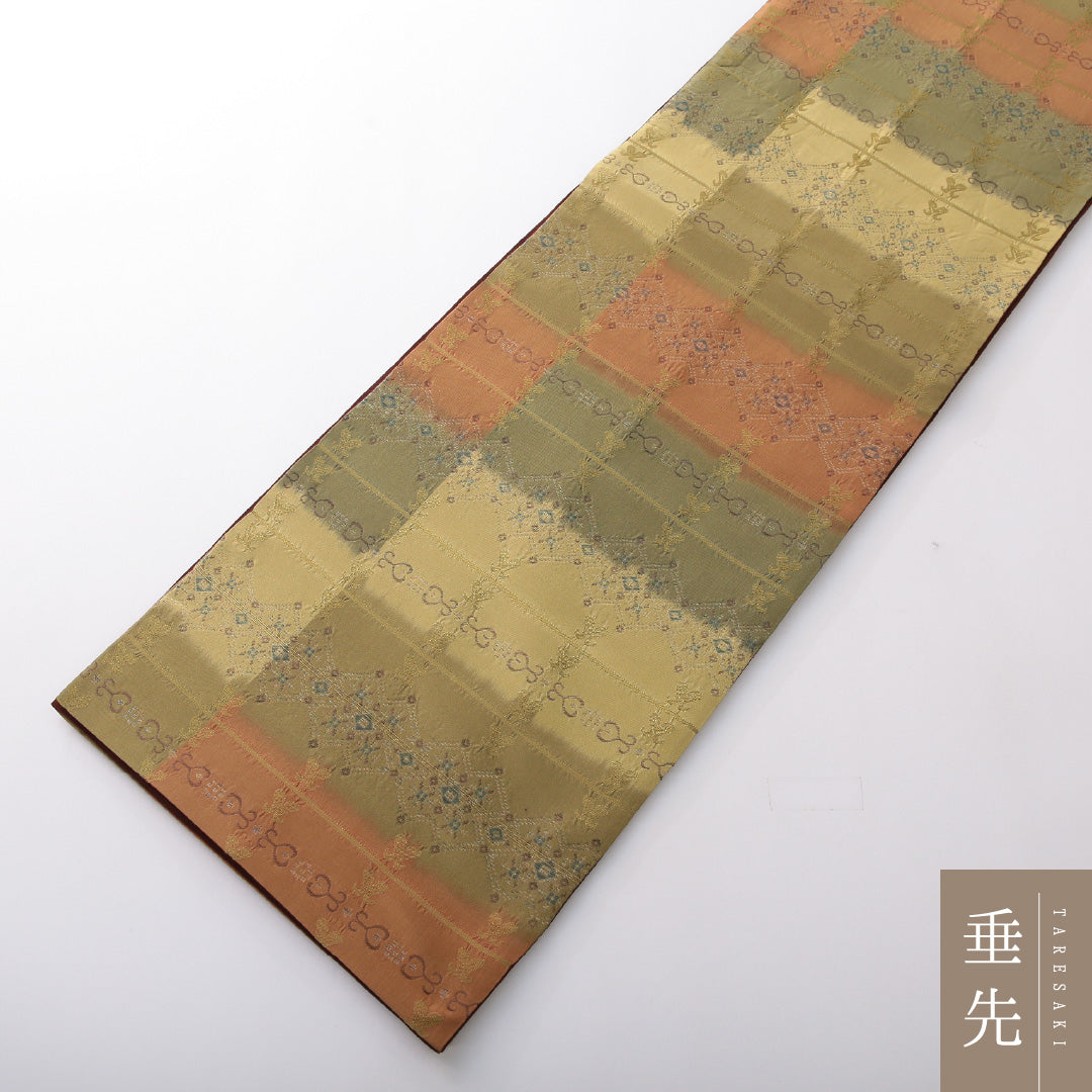 袋帯 帯丈422cm 正絹 全通 セミフォーマル アラベスク段文 名物裂 緑系 多色系 1243-02106