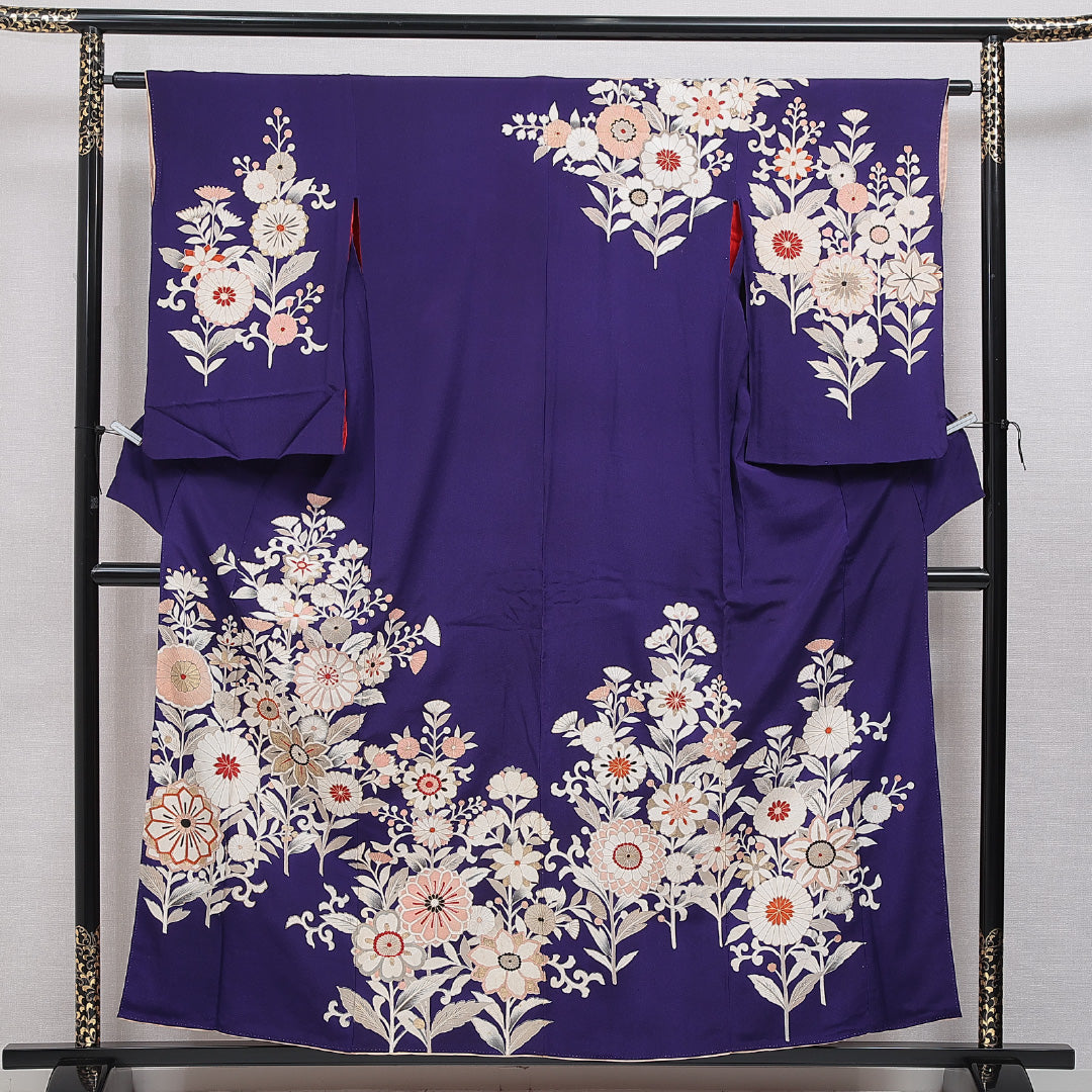 アンティーク 訪問着 袷 身丈156cm 裄丈61cm 正絹 Bランク Mサイズ 広衿 花柄 金彩 紫系 1212-15973
