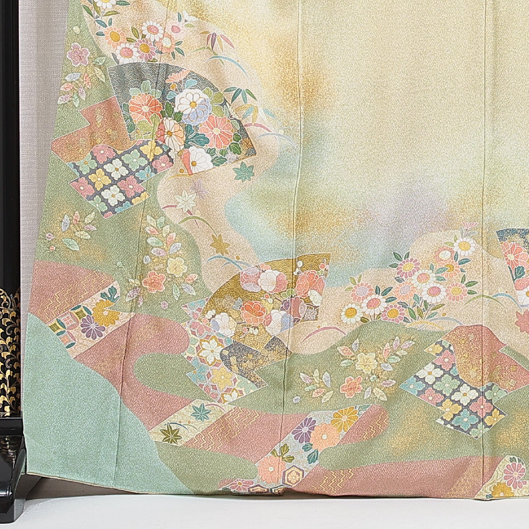訪問着 袷 身丈166cm 裄丈65cm 正絹 Sランク XLサイズ 広衿 セミフォーマル ガード加工 吉祥文様 菊 金彩 金駒刺繍 多色系 緑系 1212-15719