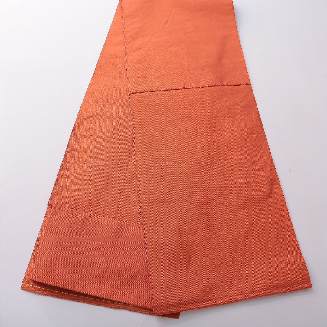 八寸名古屋帯 帯丈357cm カジュアル 松葉仕立て 全通 Aランク 正絹 無地 朱系 1224-03618