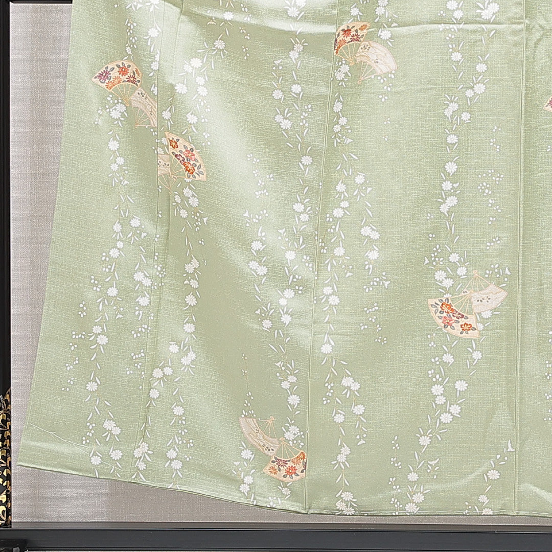 小紋 袷 身丈152cm 裄丈61cm 正絹 Sランク Sサイズ 広衿 インフォーマル ちりめん 山 証紙 緑系 1215-15907