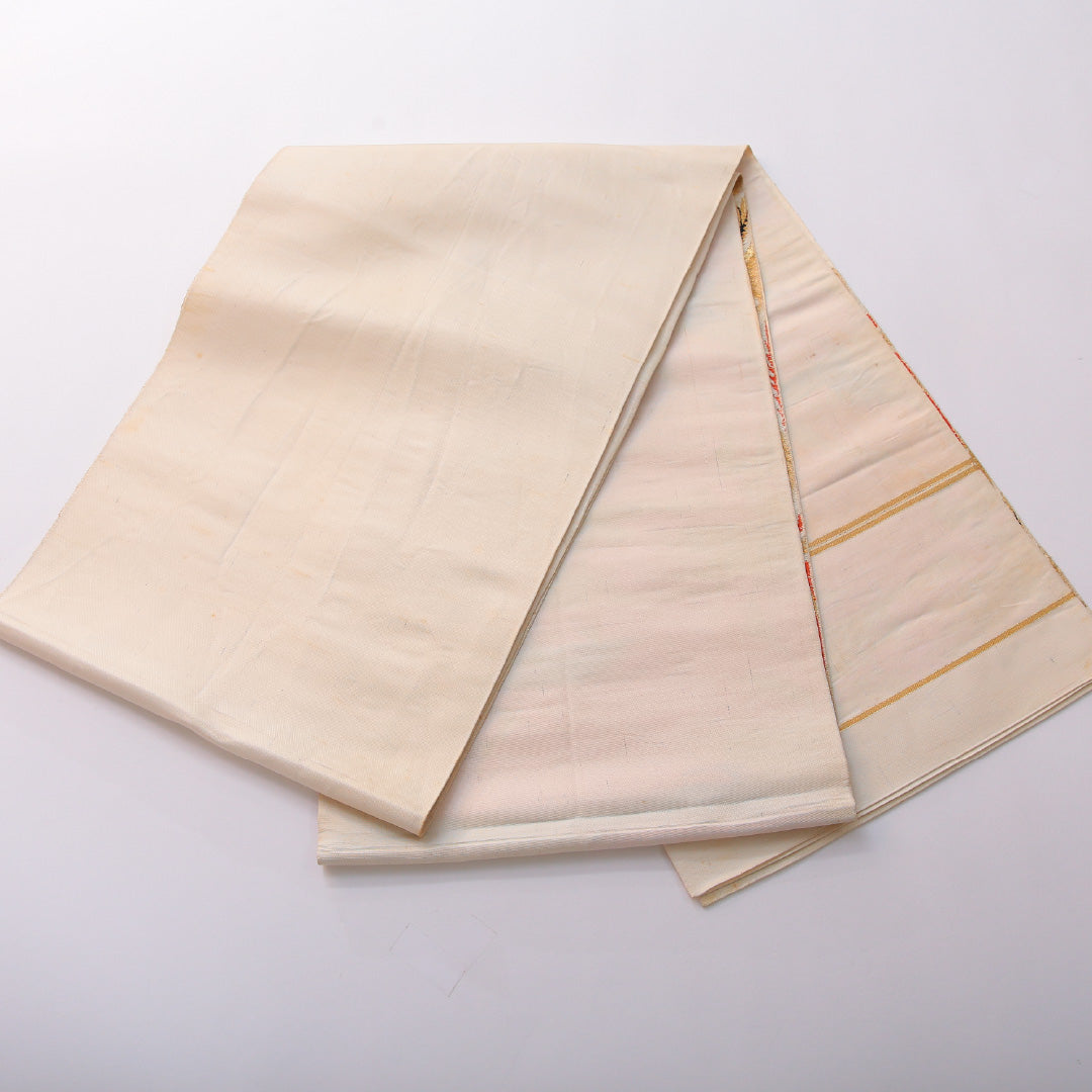 アンティーク 袋帯 帯丈412cm 六通 未仕立て 帯芯なし Cランク 正絹 植物柄 金系 1223-01991