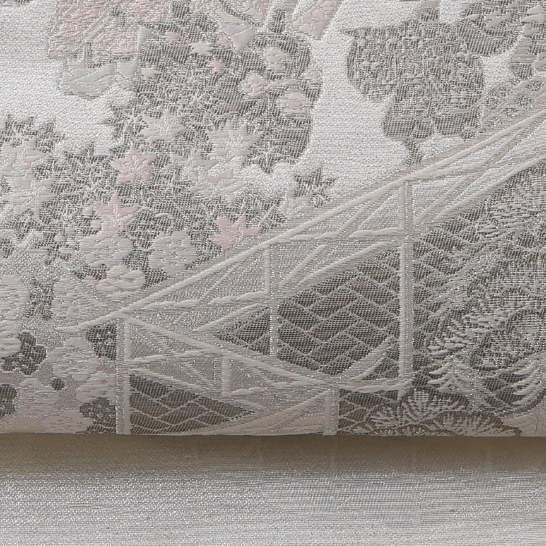袋帯 帯丈436cm 正絹 六通 フォーマル 平安絵巻 御所解 吉祥文様 銀系 白系 1243-01965