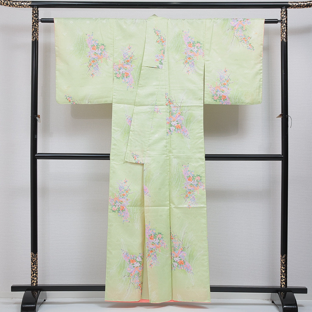 小紋 洗える着物 袷 身丈158cm 裄丈64cm ポリエステル Cランク Mサイズ 広衿 インフォーマル 花喰鳥 緑系 1215-16058