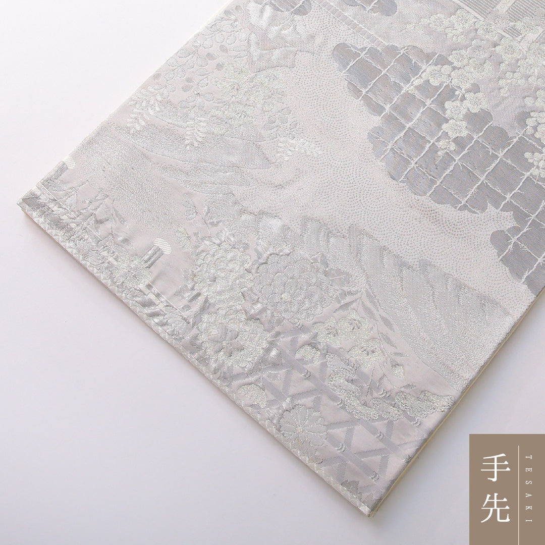 袋帯 帯丈424cm 正絹 六通 帯芯なし フォーマル 石庭 吉祥文様 クリーム系 銀系 1243-02146