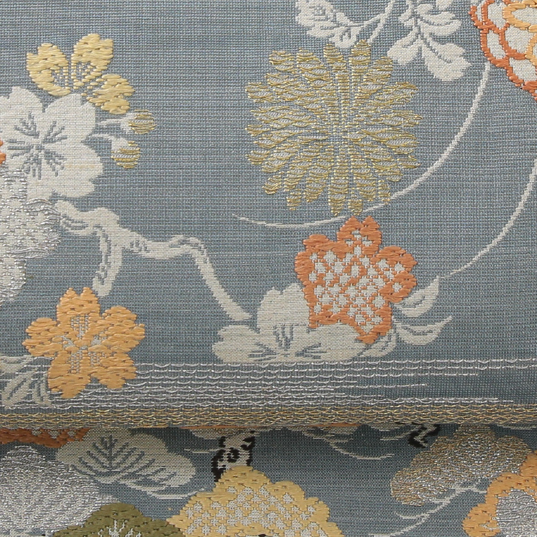 アンティーク 丸帯 帯丈414cm 正絹 全通 四季草花 水色系 グレー系 1242-02201