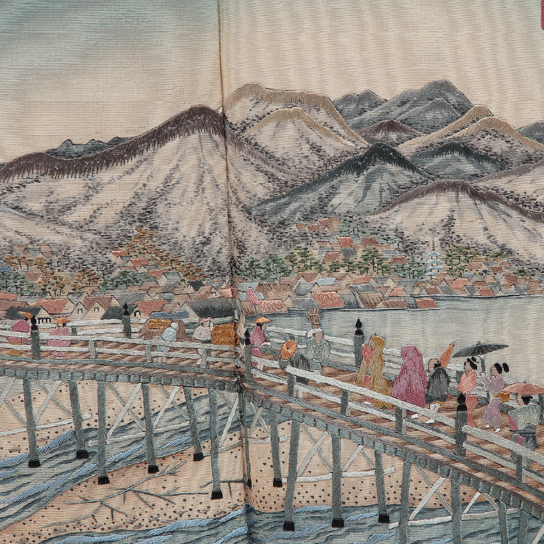 付下げ 袷 身丈169cm 裄丈68cm 正絹 Sランク インフォーマル 広衿 XLサイズ ぼかし染 刺繍 作家物 落款 東海道五十三次 緑系 M4 1218-15924