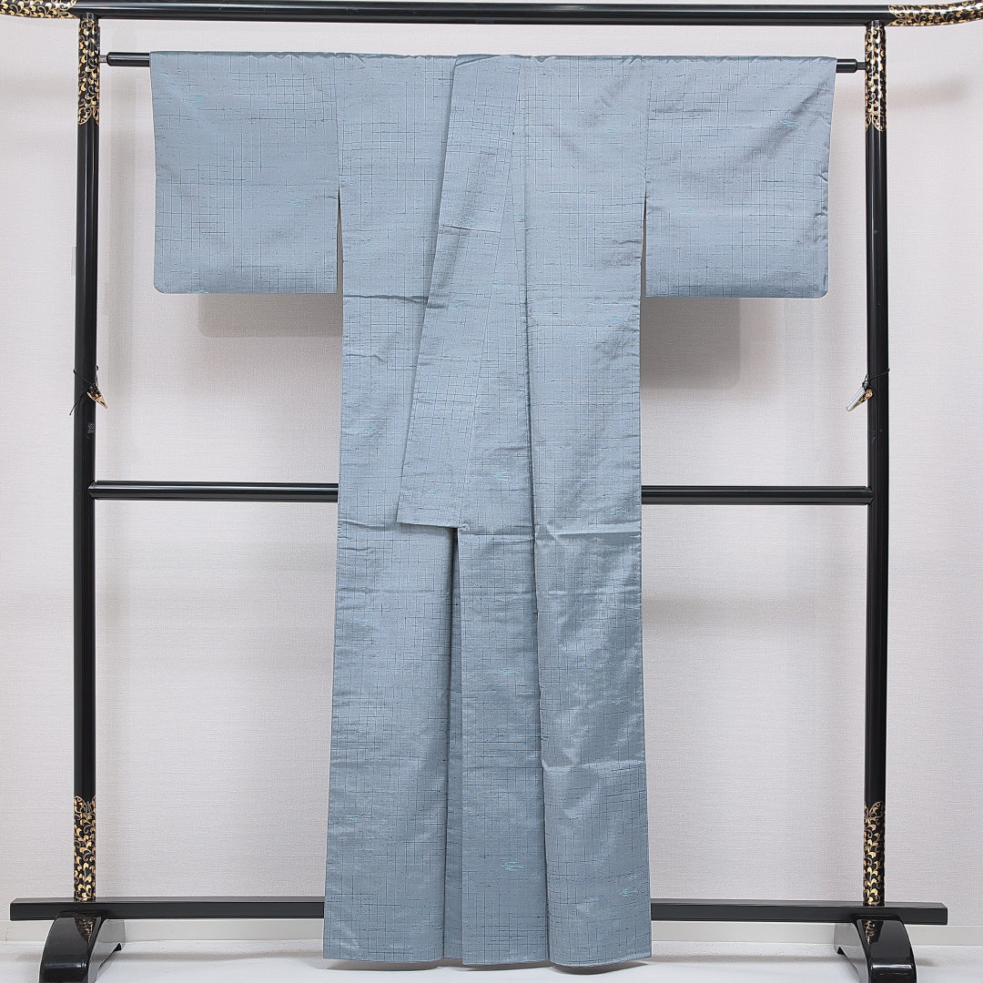 紬 袷 身丈160cm 裄丈64cm 正絹 Aランク Lサイズ 広衿 カジュアル 抽象柄 水色系 1216-16660