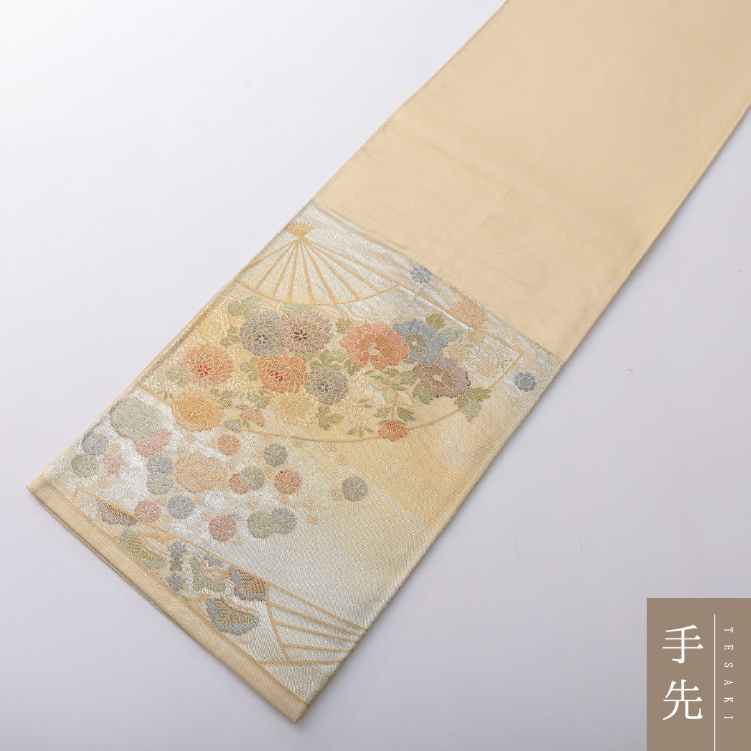 袋帯 帯丈418cm 正絹 六通 帯芯なし フォーマル 綴れ織 扇面文 金系 1243-02031
