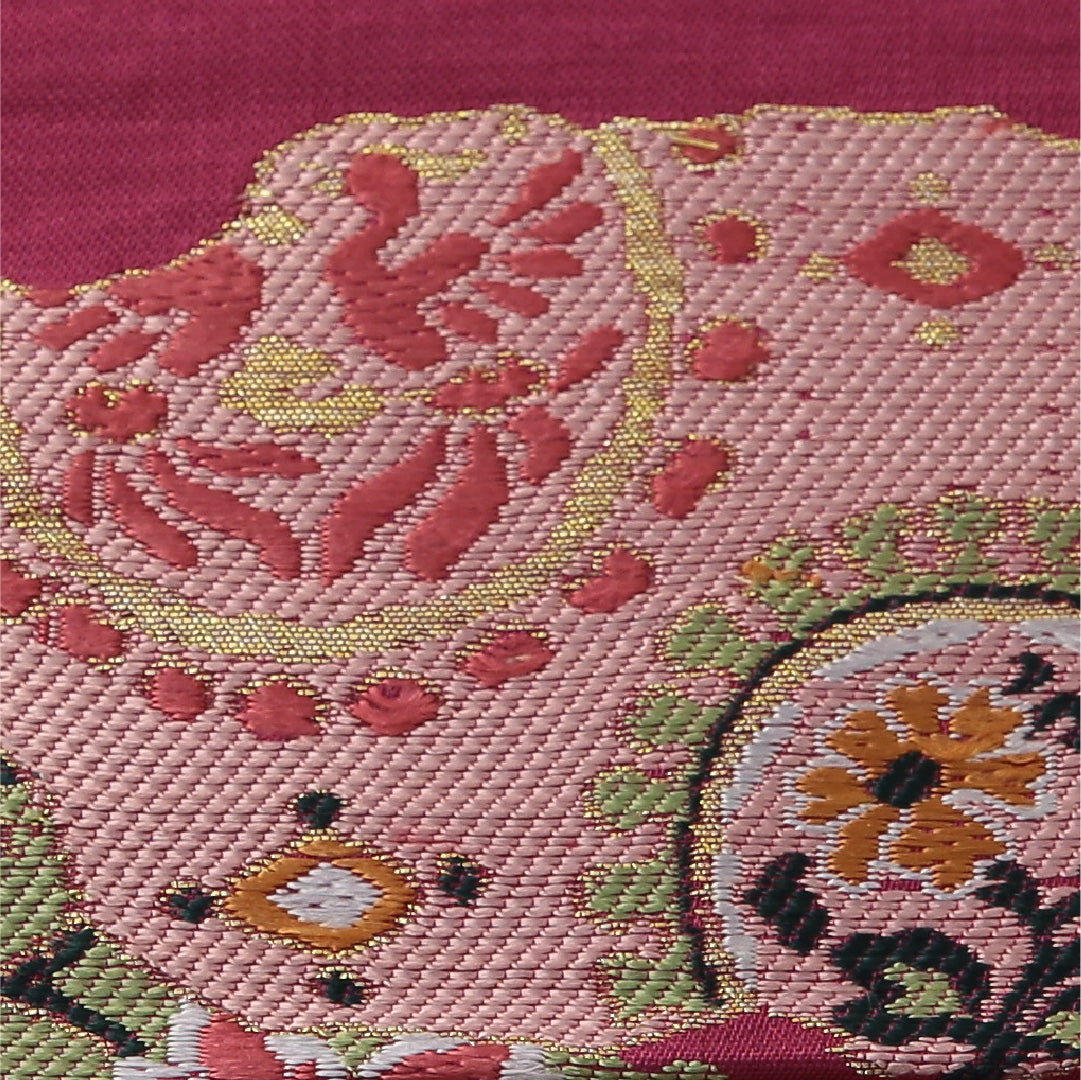 アンティーク 九寸名古屋帯 帯丈352cm 開き仕立て ポイント柄 Cランク 正絹 菊 紫系 赤系 1224-03812