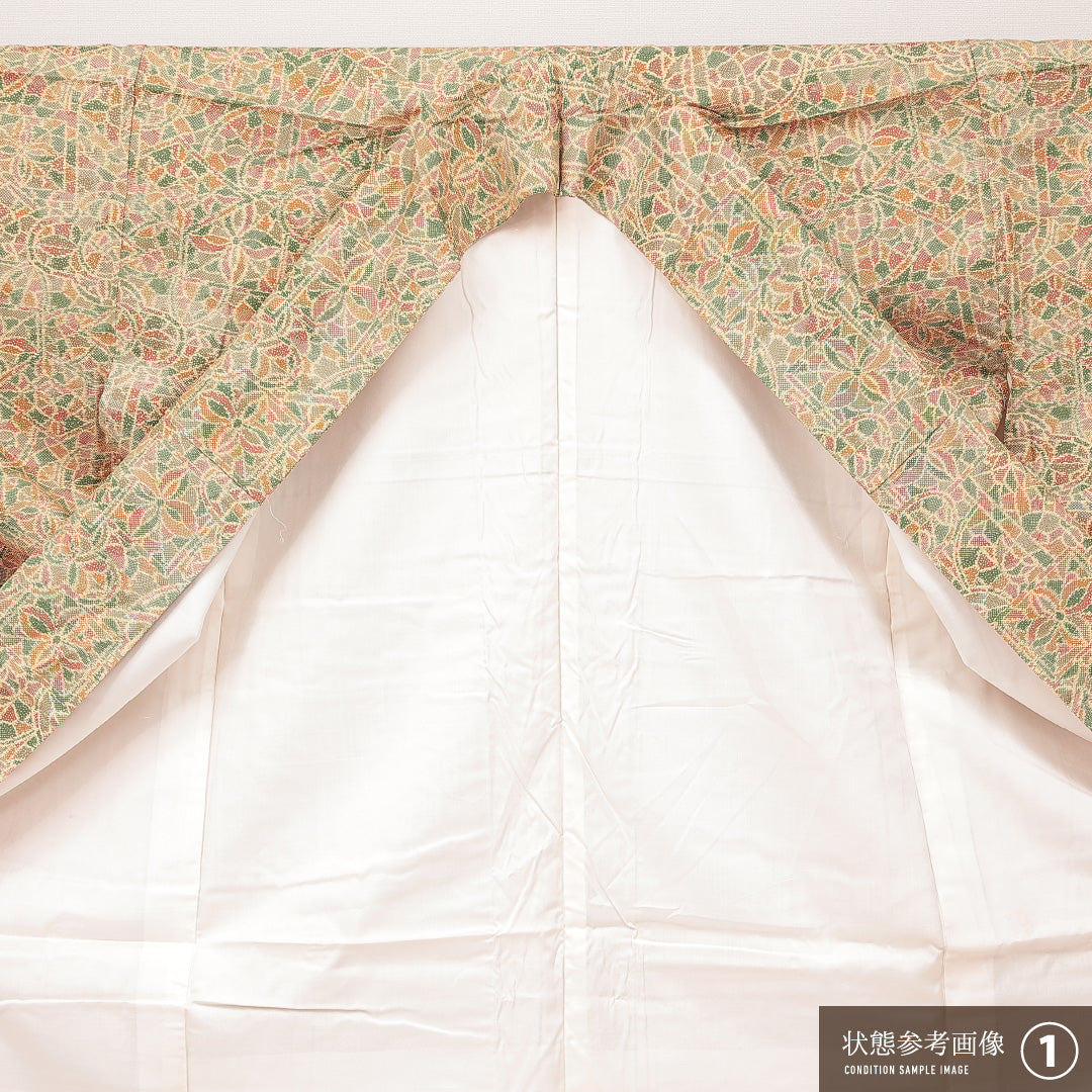 洗える着物 小紋 袷 身丈155cm 裄丈64cm ポリエステル Sランク インフォーマル 広衿 Mサイズ 創作柄 黄系 RP 1221-16902