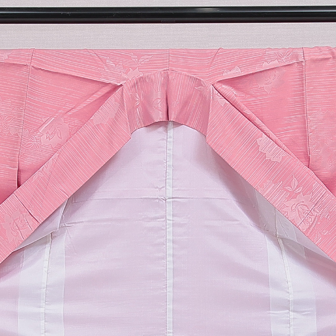 色無地 洗える着物 袷 身丈153cm 裄丈63cm ポリエステル Aランク Sサイズ 広衿 インフォーマル 薔薇 ピンク系 1214-16093