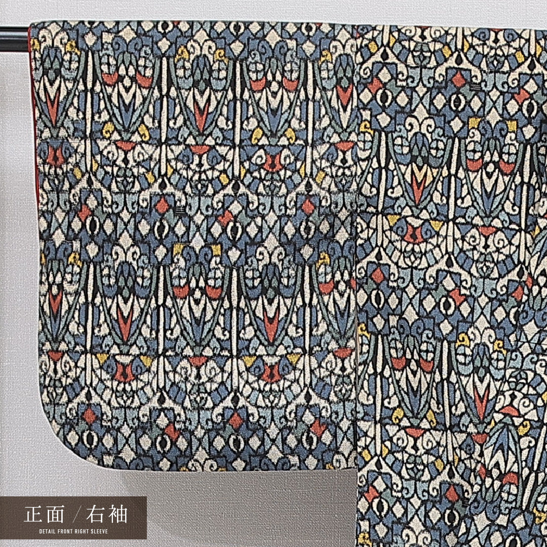 アンティーク お召 袷 身丈155cm 裄丈62cm 正絹 Cランク Mサイズ 広衿 創作柄 多色系 1265-16042