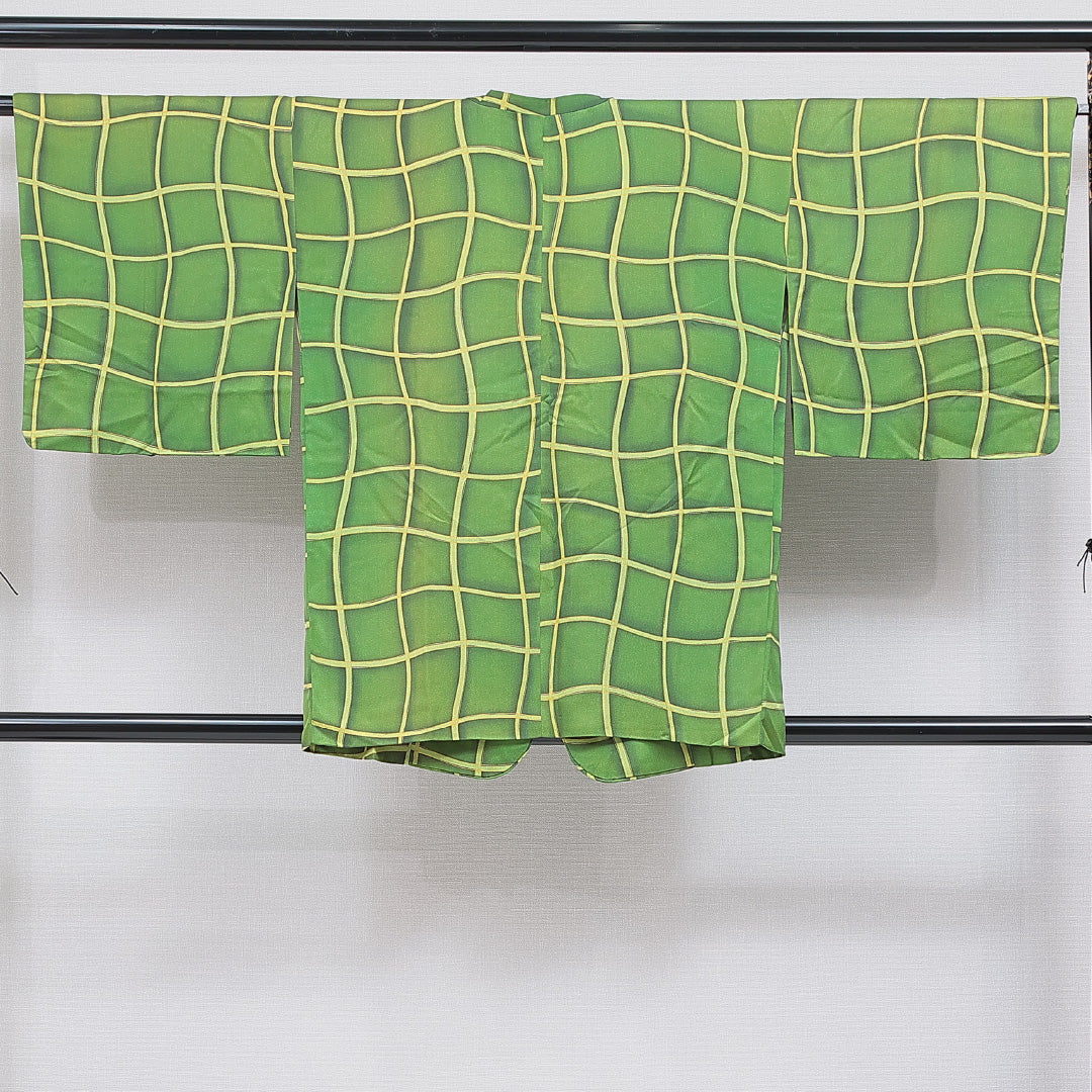 道行コート 洗える着物 袷 身丈81cm 裄丈65cm ポリエステル Aランク Mサイズ インフォーマル ポケットあり 格子 緑系 1263-16861