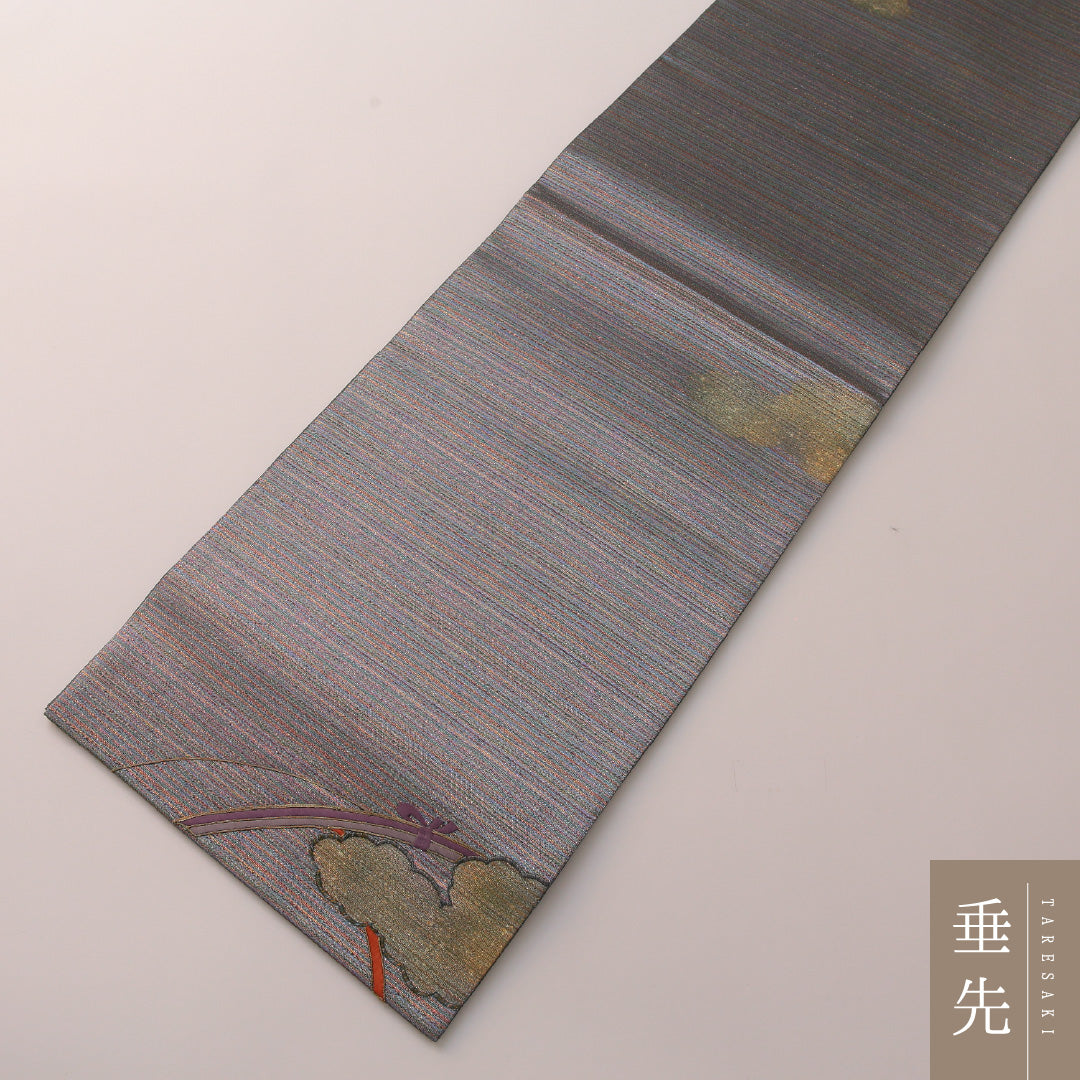 袋帯 帯丈440cm 正絹 ポイント柄 セミフォーマル 雲 組紐 グレー系 銀系 1243-01912