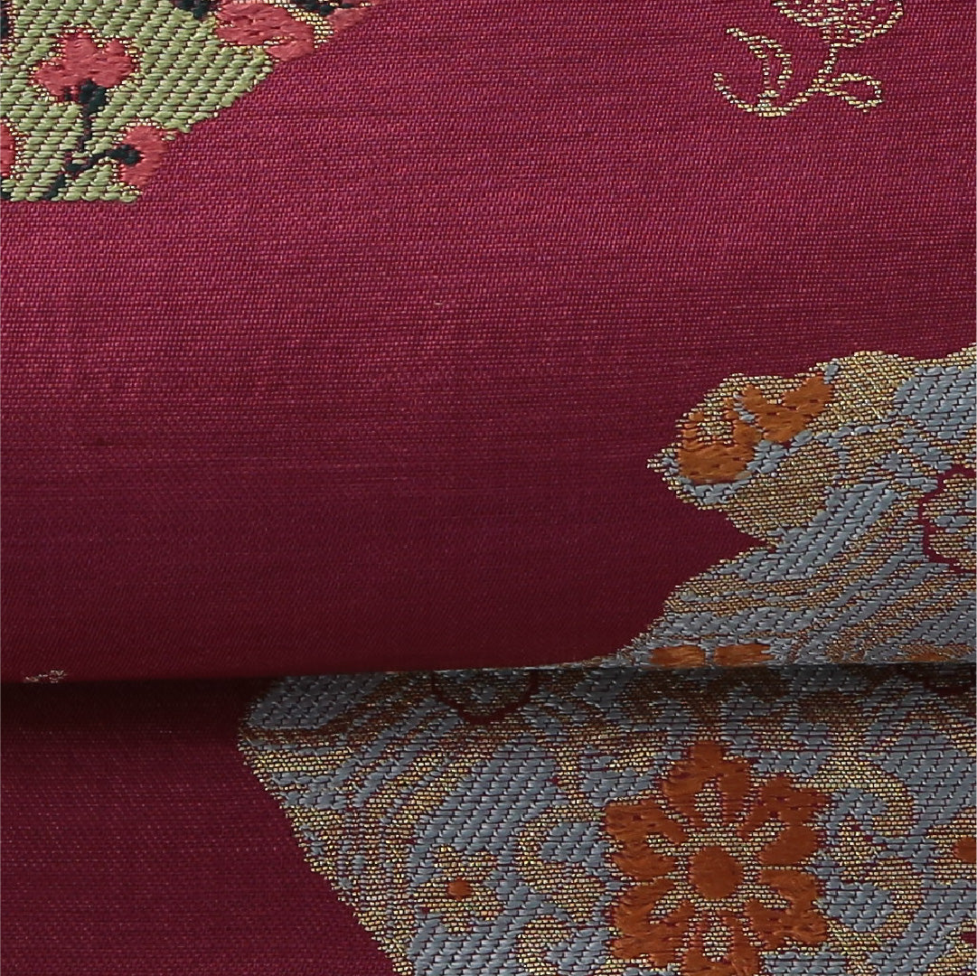 アンティーク 九寸名古屋帯 帯丈352cm 開き仕立て ポイント柄 Cランク 正絹 菊 紫系 赤系 1224-03812