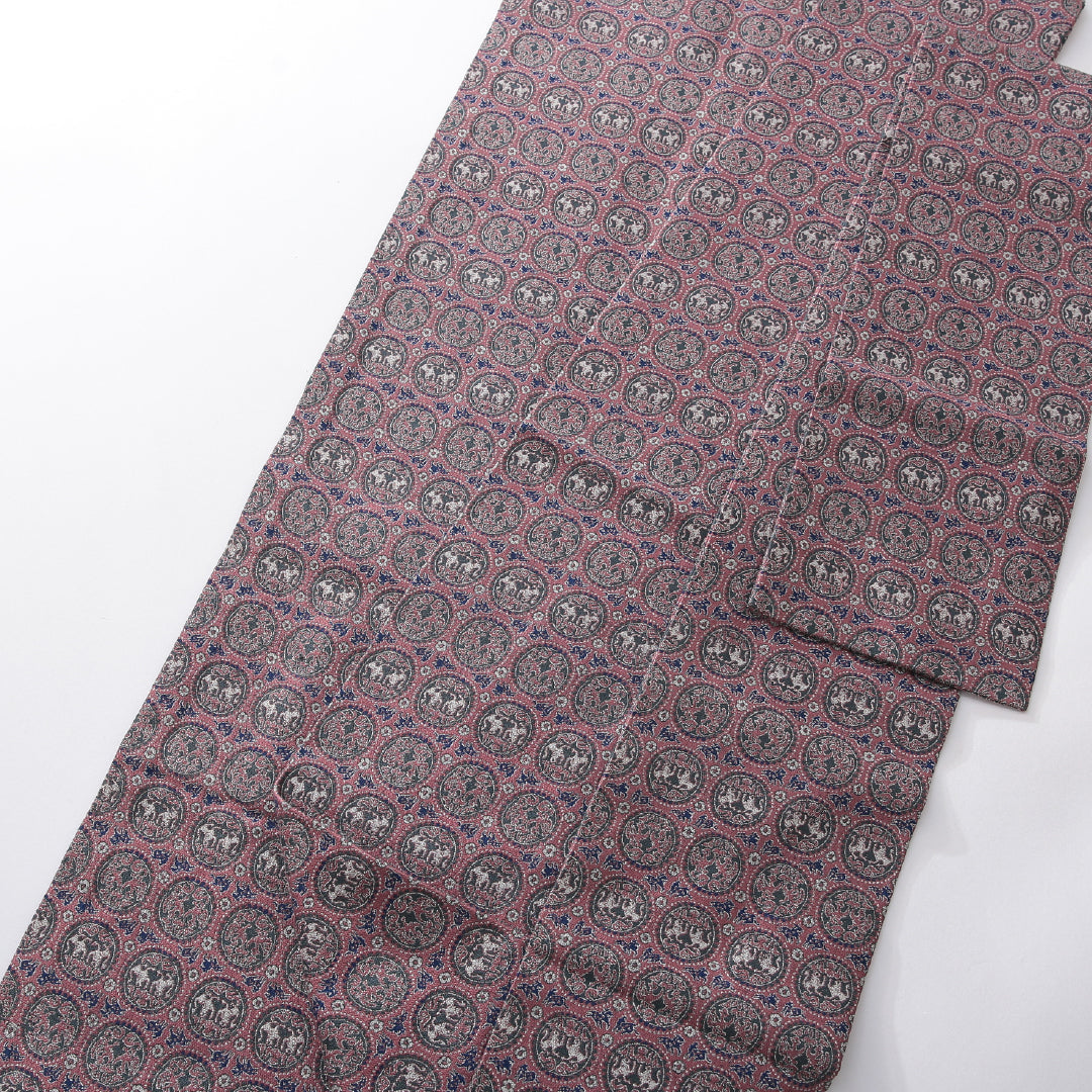 九寸名古屋帯 帯丈341cm インフォーマル 名古屋仕立て 全通 Sランク 正絹 樹下双獣文 ピンク系 1224-03905