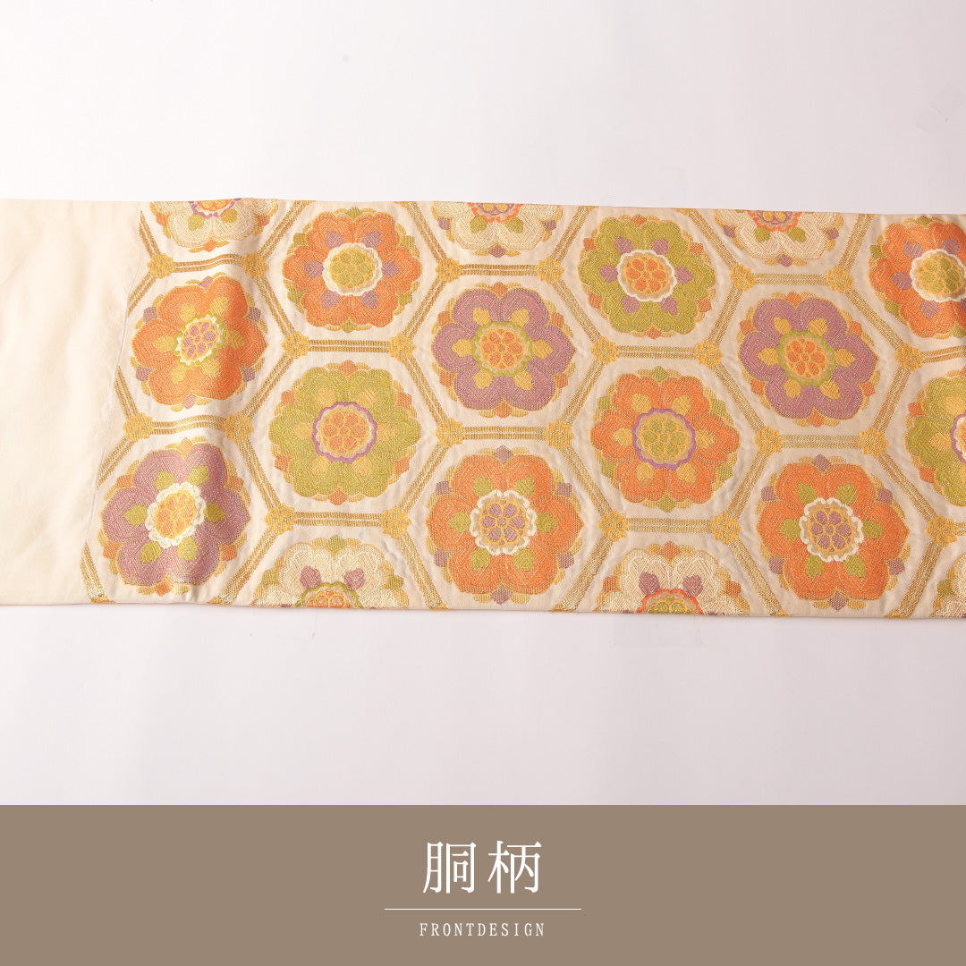 袋帯 帯丈412cm 正絹 六通 フォーマル 宝相華 亀甲 金系 1243-01764