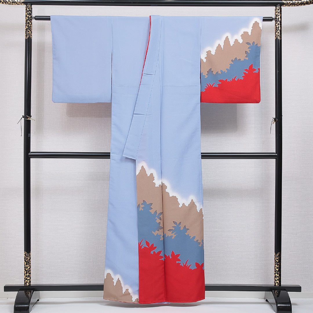 洗える着物 付下げ 袷 身丈159cm 裄丈65cm ポリエステル Bランク インフォーマル バチ衿 Mサイズ 山 水色系 HP 1218-16400