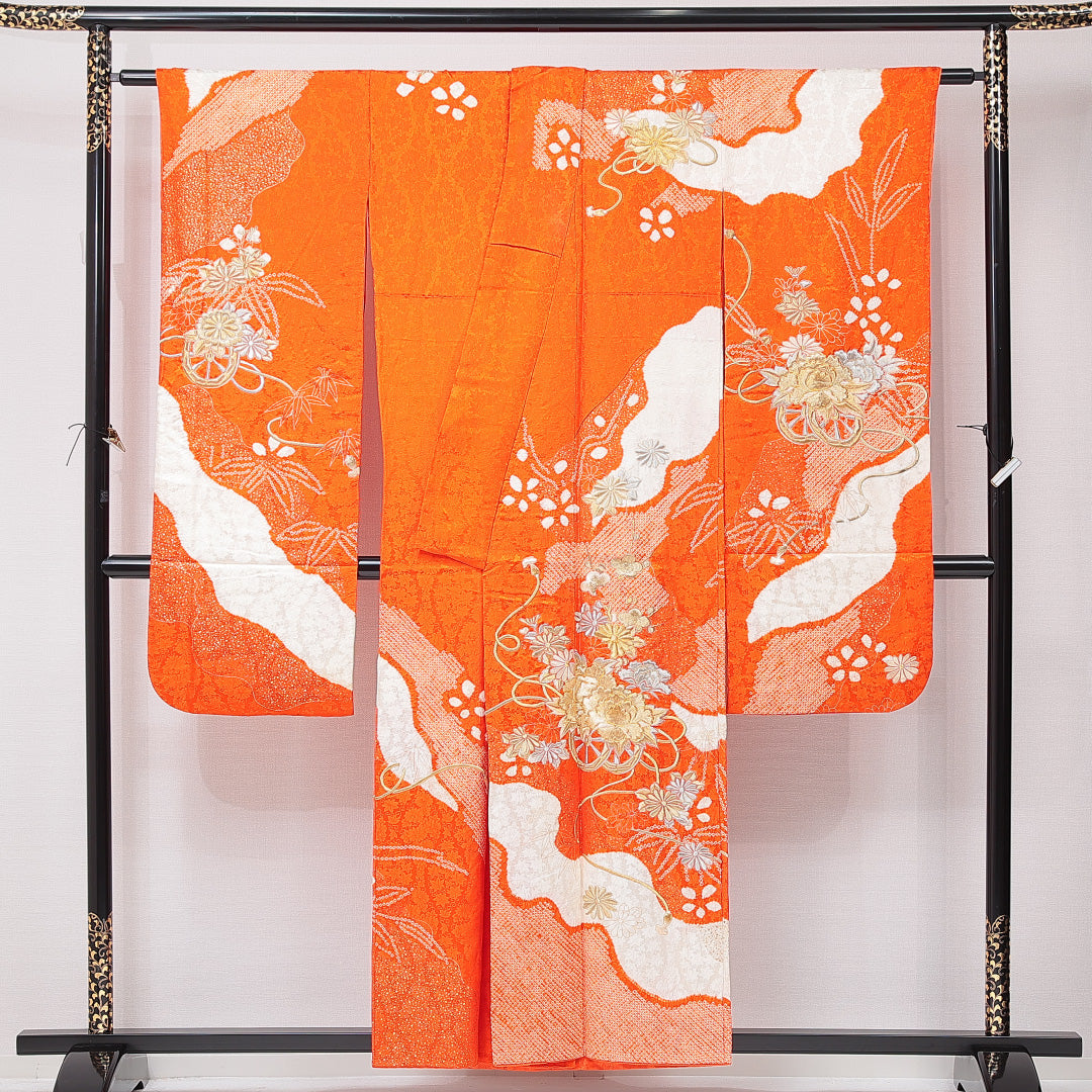 振袖 袷 身丈154cm 裄丈63cm フォーマル Cランク Sサイズ 正絹 広衿 牡丹 刺繍 金駒刺繍 1213-F0678