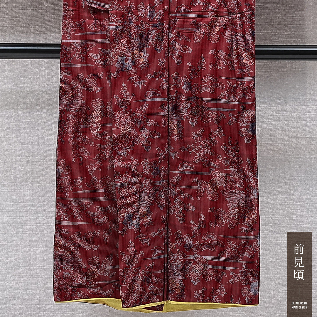 アンティーク 小紋 袷 身丈138cm 裄丈60cm 正絹 Bランク 広衿 XSサイズ 染め紬 菊 赤系 RP 1221-15512