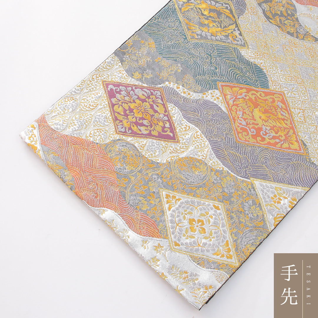 袋帯 帯丈450cm 正絹 六通 式図物語 フォーマル 平安絵巻 吉祥文様 金系 銀系 1243-02267