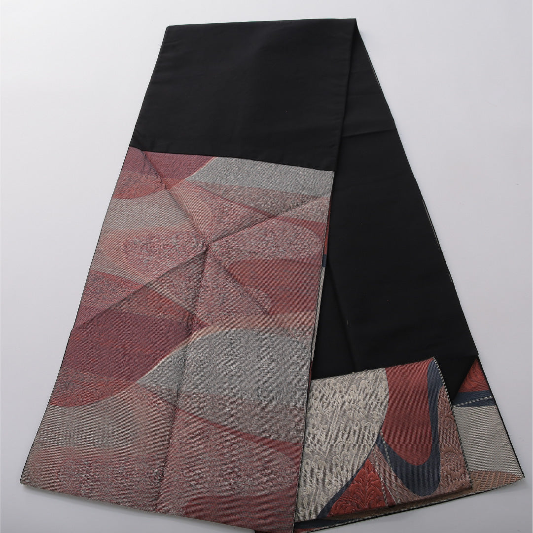 八寸名古屋帯 帯丈340cm セミフォーマル 松葉仕立て 六通 Cランク 正絹 流水 菊 金系 黒系 1224-03657