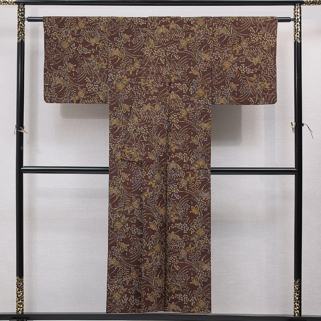 紬 単衣 身丈150cm 裄丈63cm 正絹 Sランク カジュアル 広衿 Sサイズ 居敷当て 肩当て 梅 茶系 RP 1223-15517