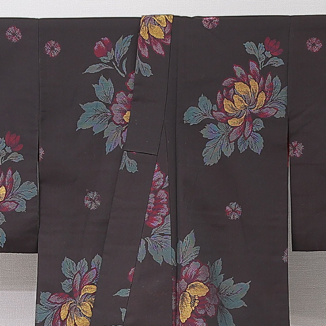 アンティーク お召 袷 身丈151cm 裄丈62cm 正絹 Bランク バチ衿 Sサイズ 花柄 茶系 M4 1222-15145