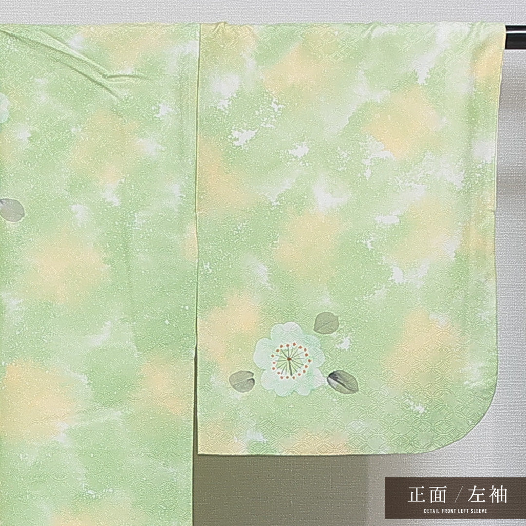 小紋 洗える着物 袷 身丈155cm 裄丈62cm ポリエステル Sランク Mサイズ 広衿 インフォーマル 七宝 桜 緑系 1215-16396