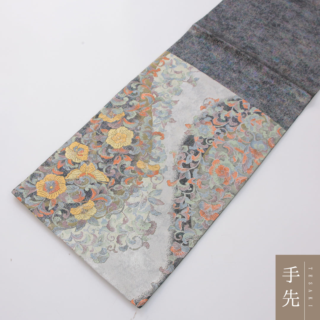 袋帯 帯丈442cm フォーマル 六通 Sランク 正絹 蝶 唐華 銀系 1223-02330