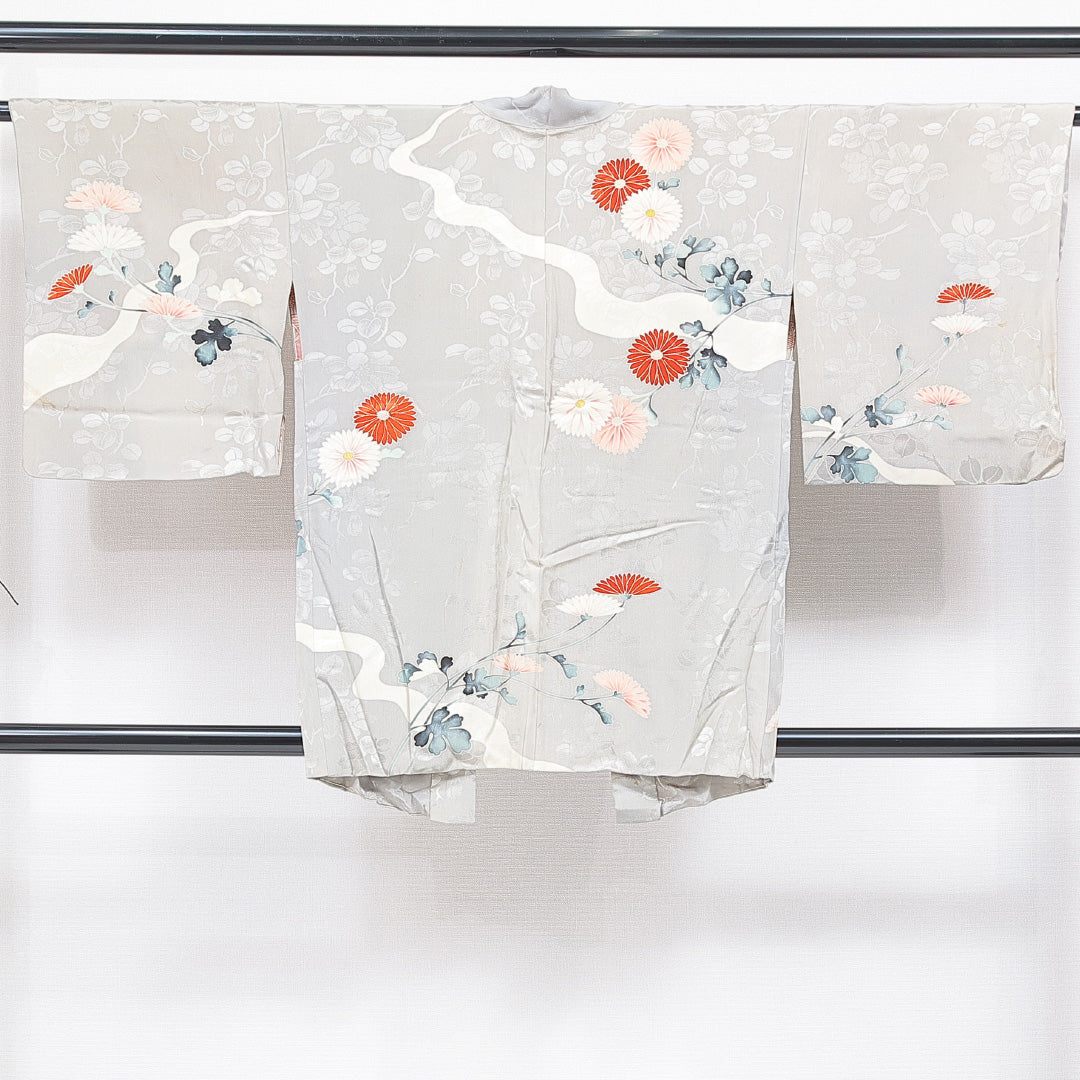 アンティーク 羽織 袷 身丈84cm 裄丈65cm 正絹 Cランク Mサイズ 菊 グレー系 1217-16806