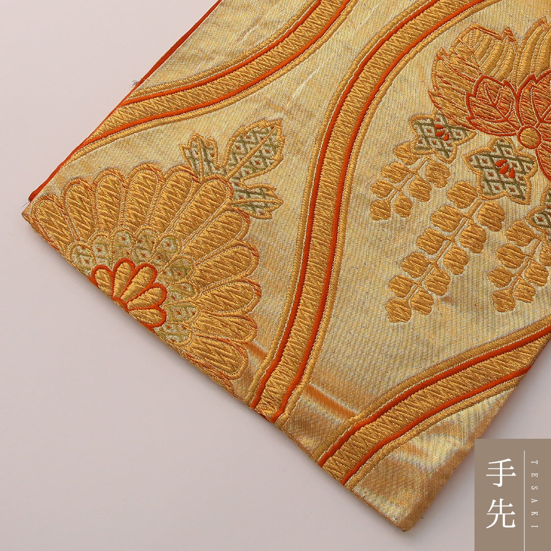 袋帯 帯丈412cm 正絹 六通 フォーマル 立涌 桐 吉祥文様 金系 朱系 1243-01908