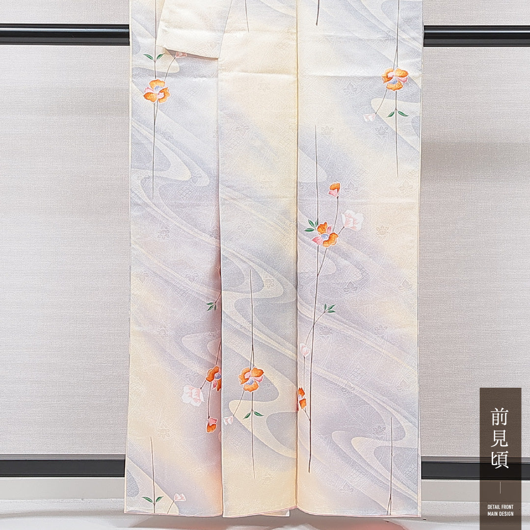 小紋 洗える着物 袷 身丈160cm 裄丈63cm ポリエステル Cランク Lサイズ 広衿 インフォーマル 青海波 花柄 クリーム系 1215-15832