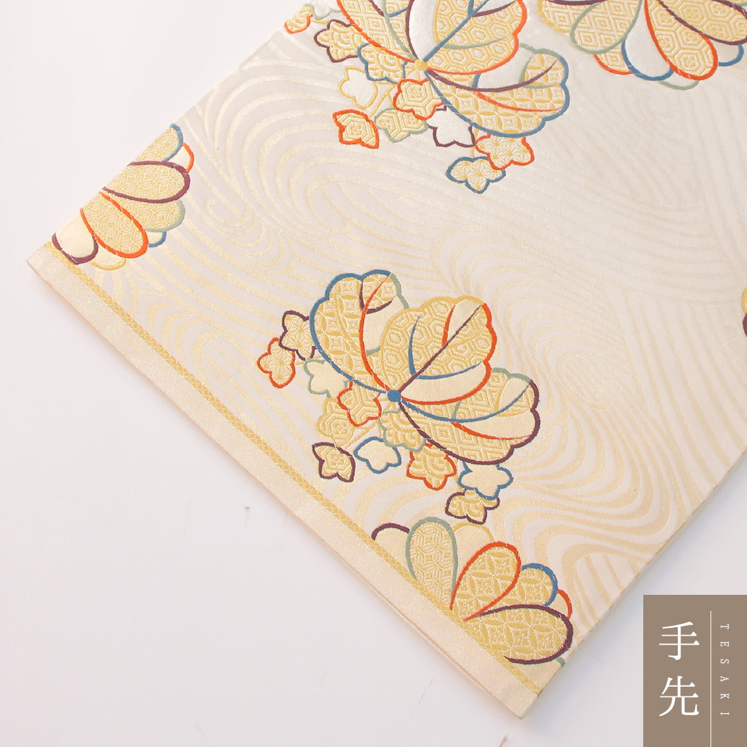 未使用品 袋帯 帯丈436cm 正絹 六通 フォーマル 家紋柄 荒磯 菊 桐 クリーム系 1243-02302