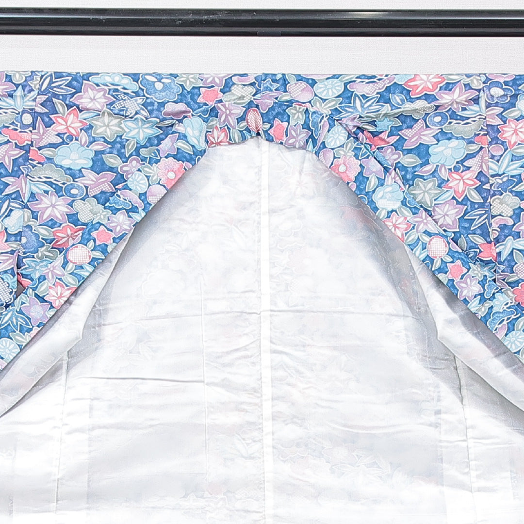 小紋 洗える着物 袷 身丈153cm 裄丈62cm ポリエステル Cランク Sサイズ バチ衿 インフォーマル 花柄 水色系 1215-15726