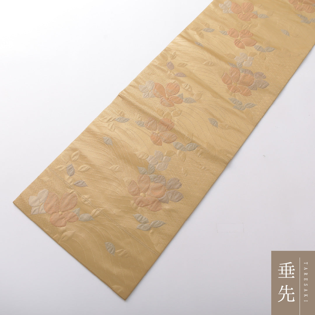 九寸名古屋帯 Sランク 帯丈354cm 正絹 ポイント柄 名古屋仕立て 織り インフォーマル ふくれ織 花柄 茶系 RP 1245-03696