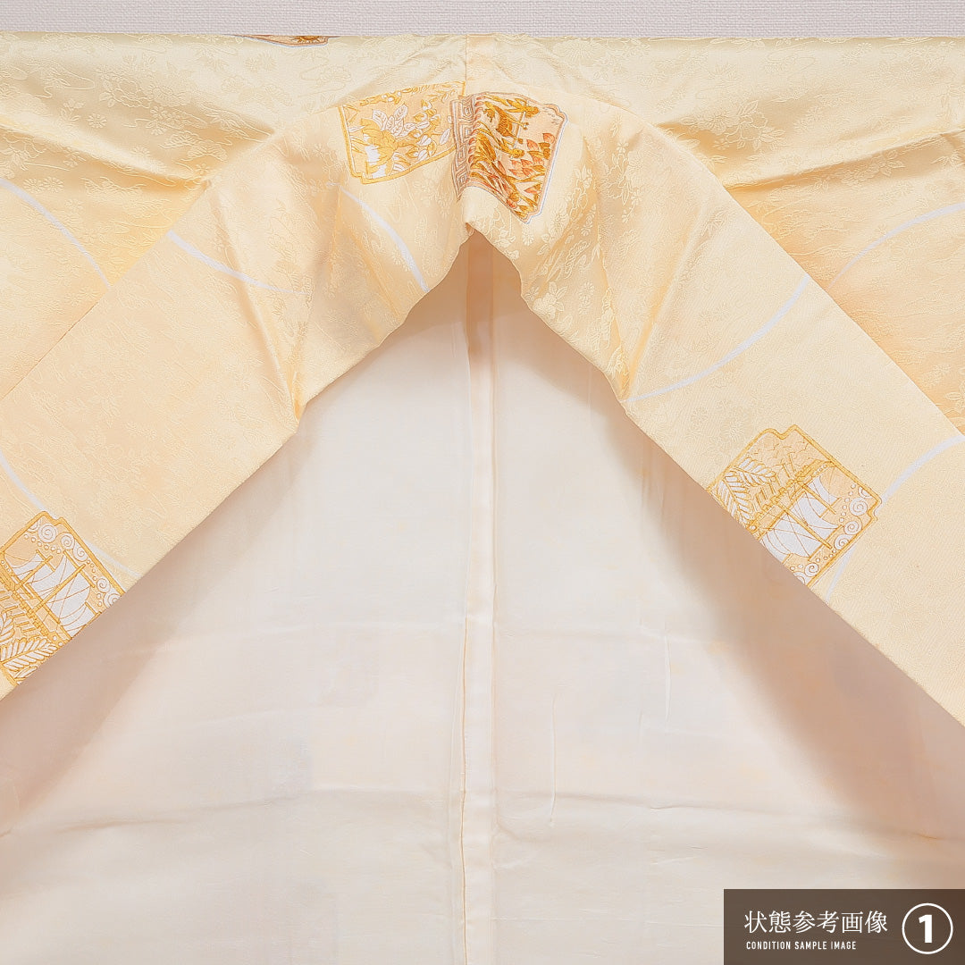 小紋 袷 身丈159cm 裄丈63cm 正絹 Bランク インフォーマル 広衿 Mサイズ 鹿 人物 朱系 RP 1221-16053