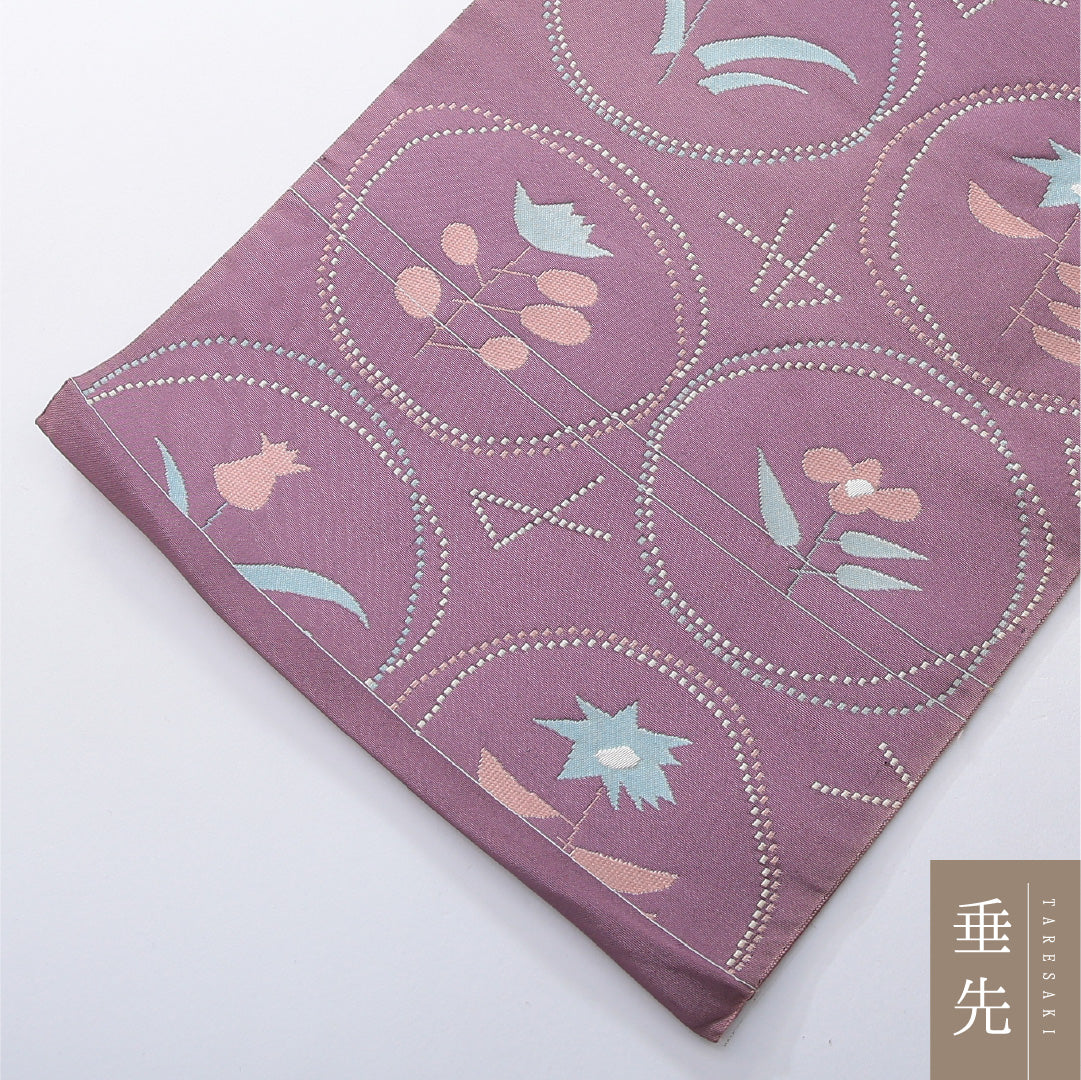 八寸名古屋帯 帯丈350cm カジュアル 松葉仕立て 六通 Cランク 正絹 チューリップ 紫系 1224-03947