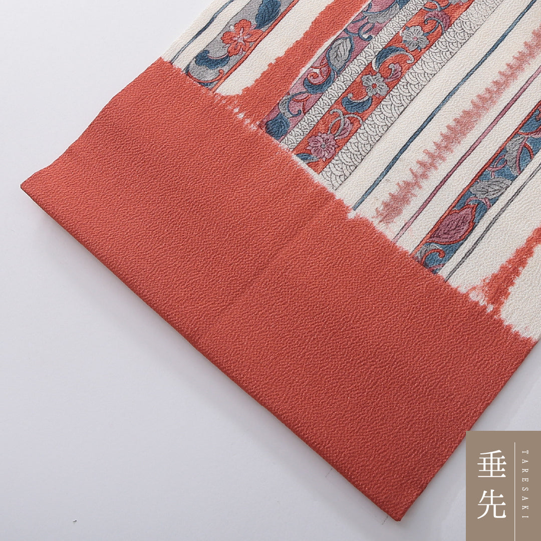 九寸名古屋帯 帯丈370cm インフォーマル 名古屋仕立て 全通 Cランク 正絹 染め帯 ちりめん 更紗 花柄 植物柄 クリーム系 1224-03907