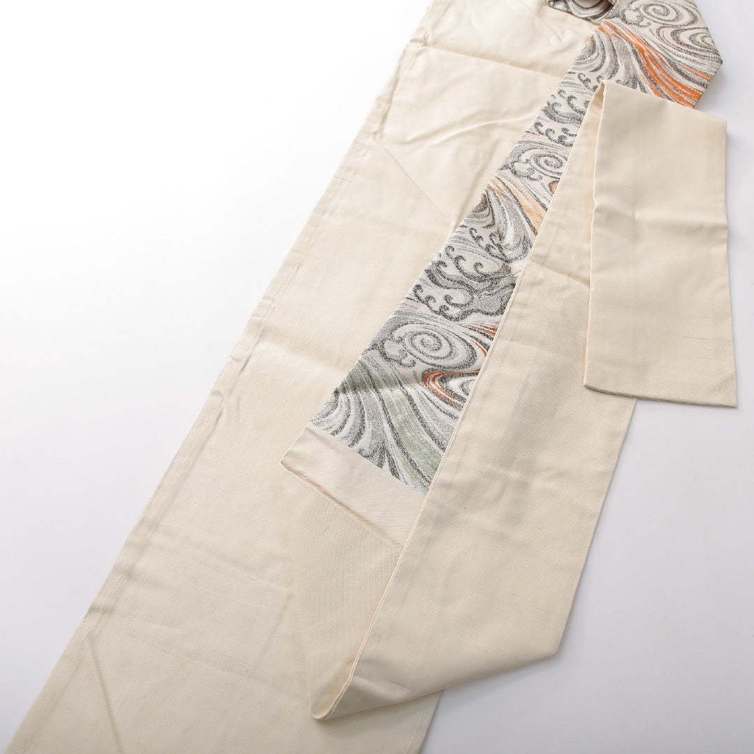 九寸名古屋帯 帯丈339cm カジュアル 名古屋仕立て 六通 Aランク 正絹 波 クリーム系 1224-03819