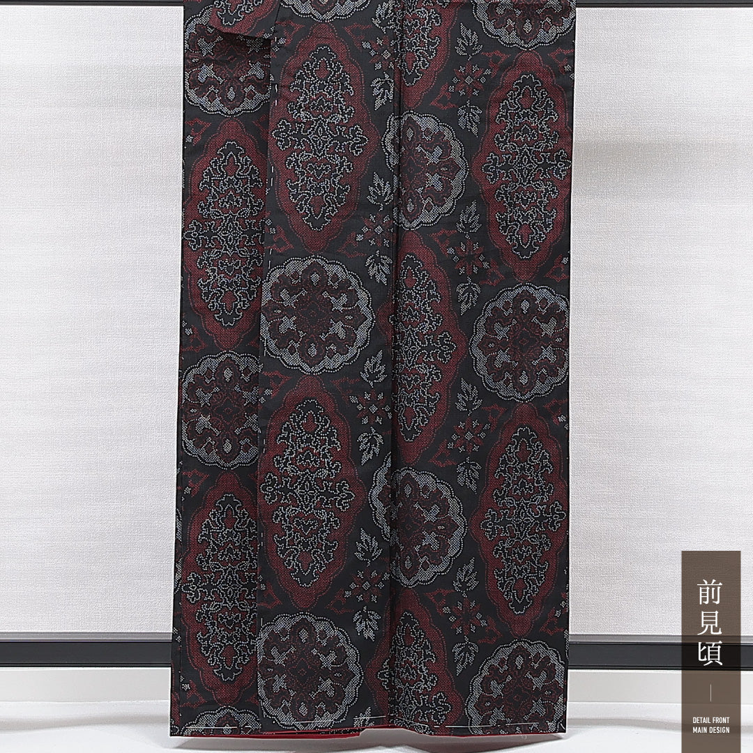 未使用品 紬 袷 身丈161cm 裄丈61cm 正絹 Nランク カジュアル バチ衿 Lサイズ しつけ糸 鏡裏文 黒系 RP 1223-15052