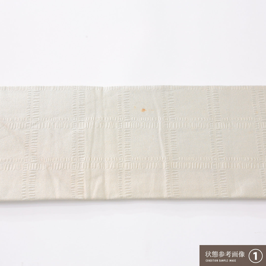 九寸名古屋帯 Aランク 帯丈331cm 正絹 六通 名古屋仕立て 織り セミフォーマル ふくれ織 格子 金の混ざった水色系 RP 1245-04168