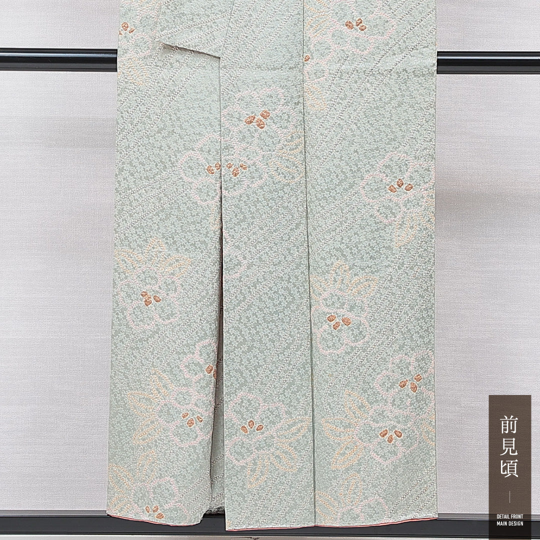 小紋 袷 身丈151cm 裄丈61cm 正絹 Cランク インフォーマル 広衿 Sサイズ 部分絞り 椿 緑系 HP 1221-15588