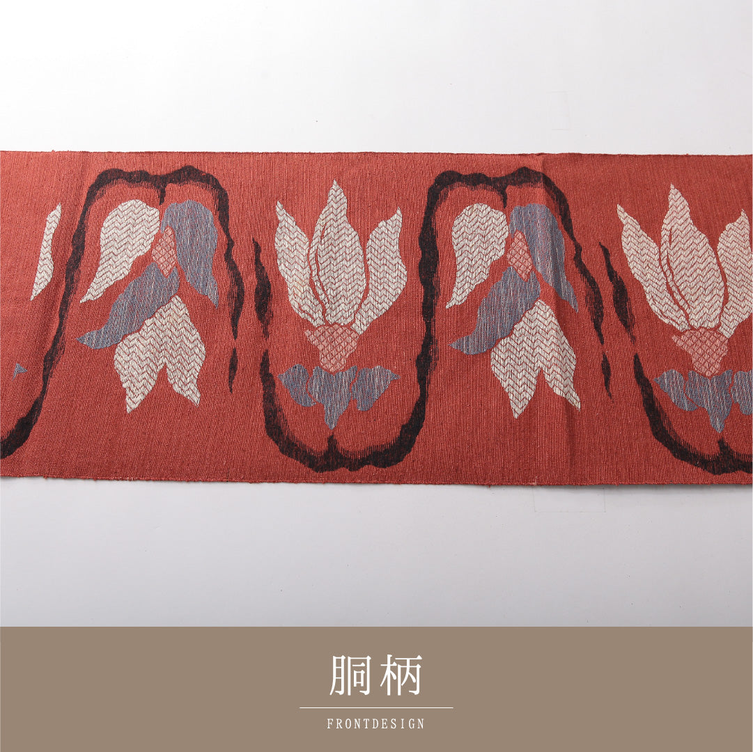 八寸名古屋帯（紬） 帯丈348cm カジュアル 松葉仕立て 六通 Cランク 正絹 花柄 赤系 朱系 1224-03820