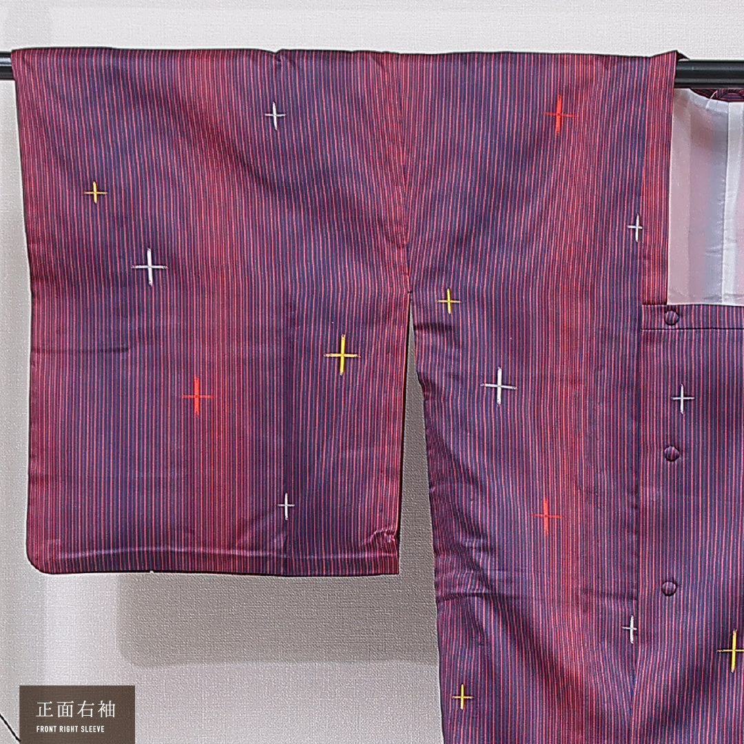 道行コート 単衣 身丈130cm 裄丈67cm 正絹 Sランク セミフォーマル Mサイズ 縞 紫系 RP 1237-16800